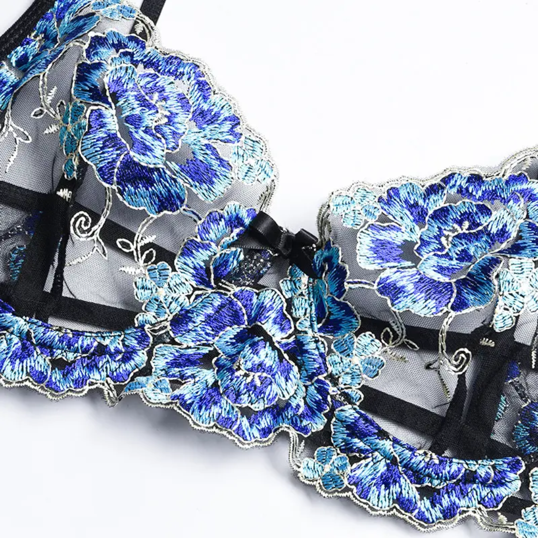 Blue Flower Embroidered Garter Set